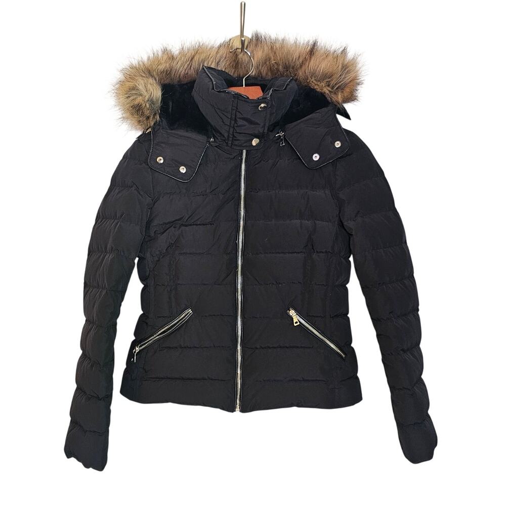 Zara Woman Black Quilted Down Puffer Jacket Faux Fur Hood Size Medium